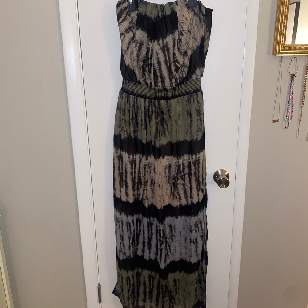 Olive, Black and Tan Strapless maxi dress